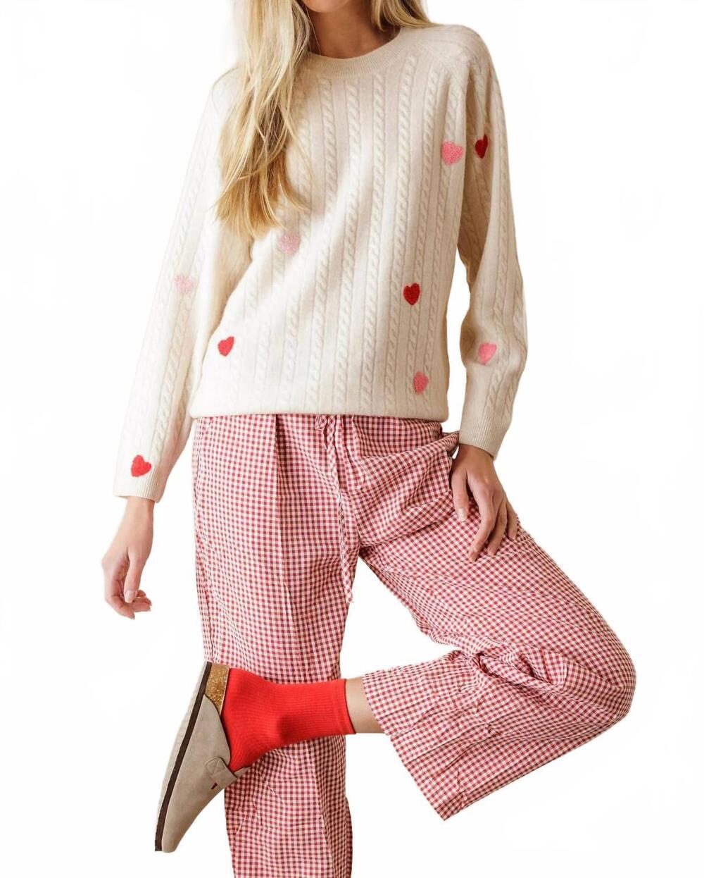 NEW 27 MILES MALIBU nelli cashmere heart embroidered cable sweater in coconut